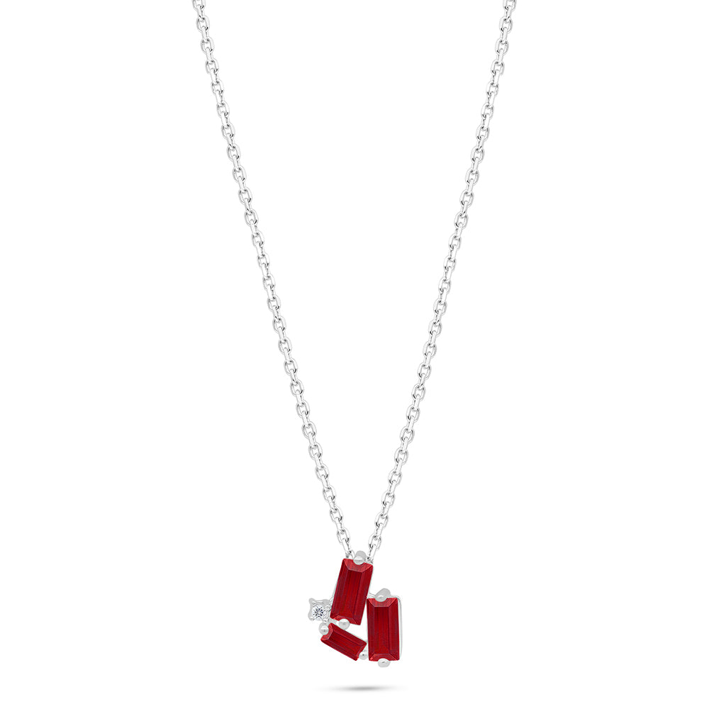 Sterling Silver 925 Necklace Rhodium Plated Embedded With Ruby Corundum And White Zircon