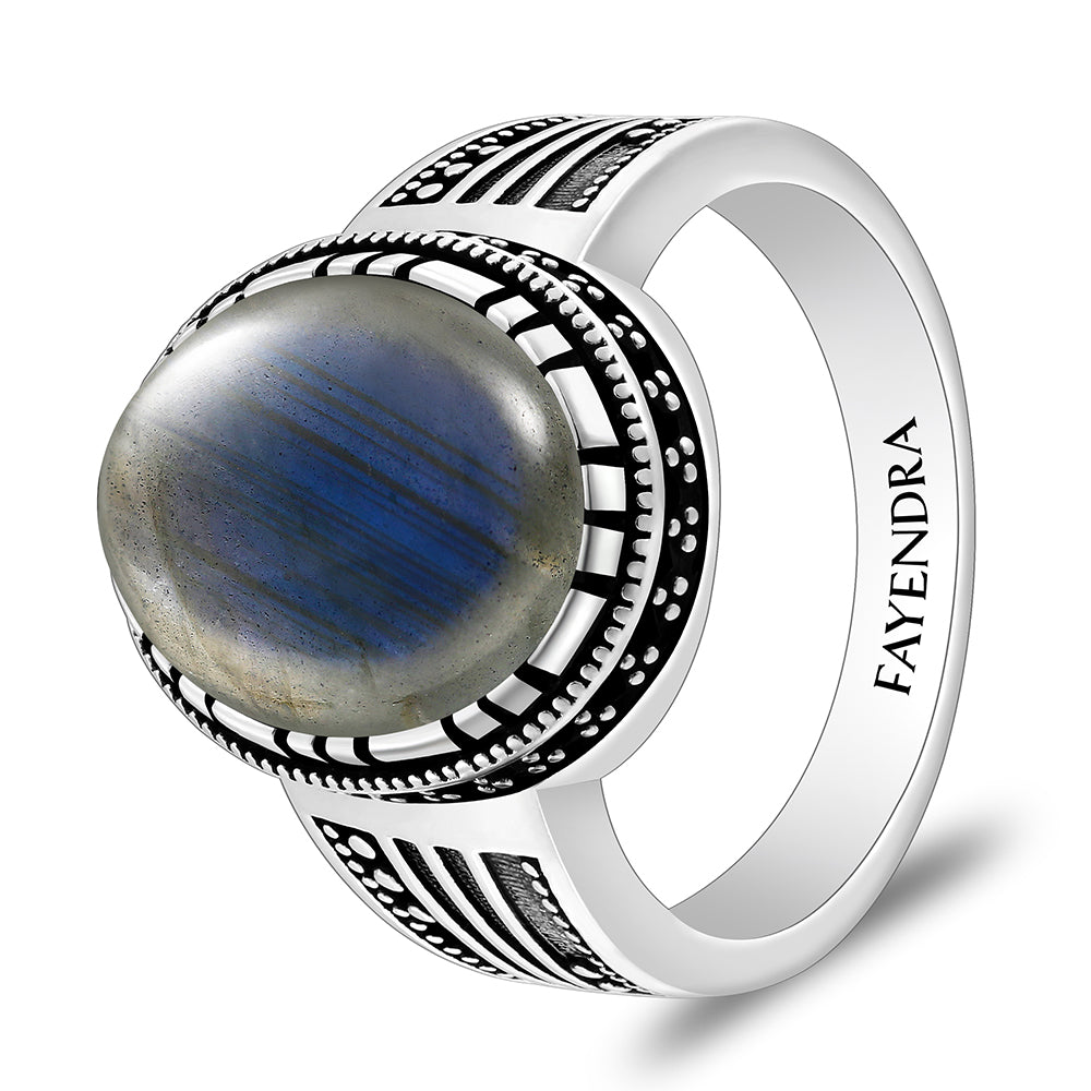 خاتم رجالي من الفضة الخالصة عيار 925 مطلي روديوم و اسود مرصع احجار لابرادوريت اوبالي كابشون