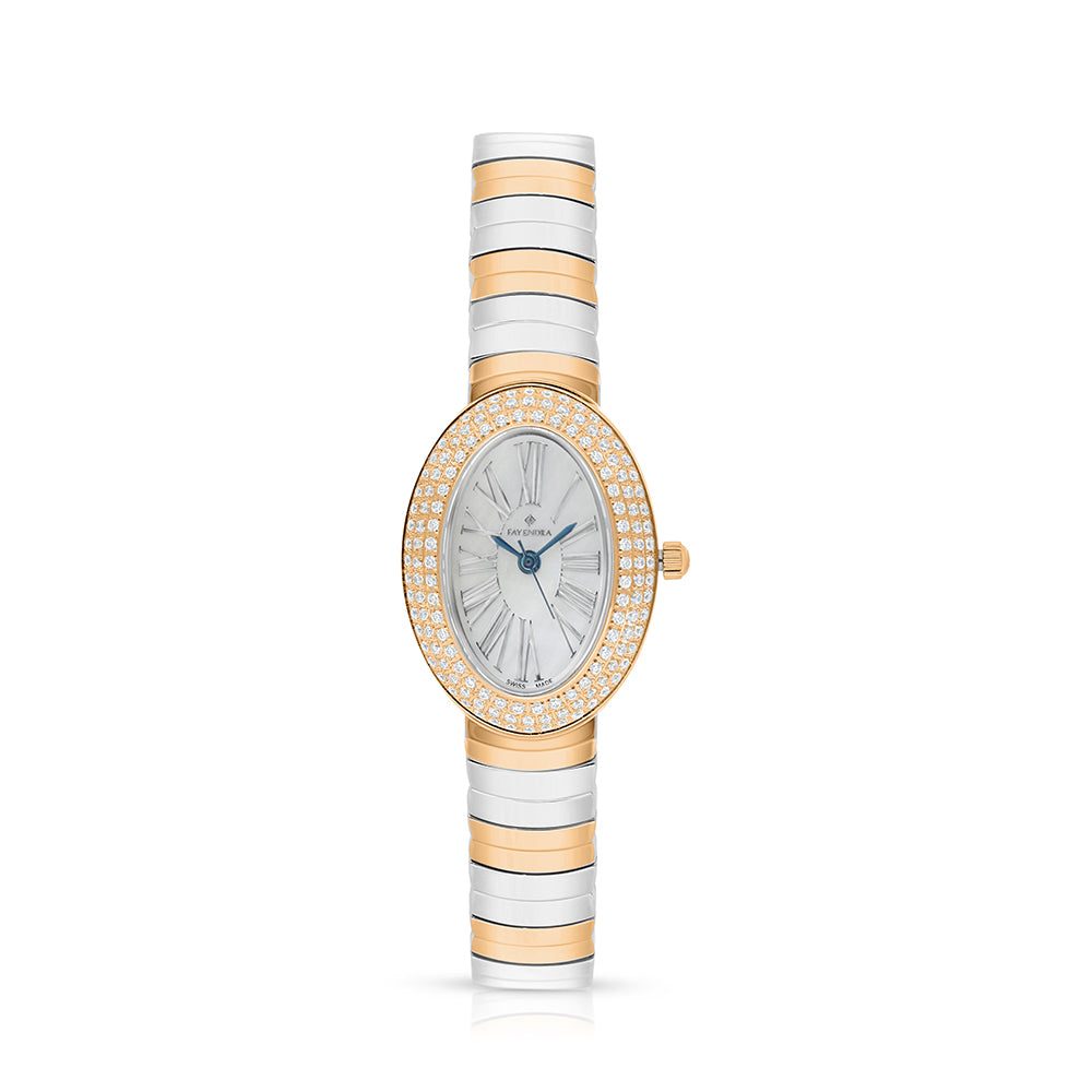 ساعة ستانلس ستيل عيار 316L بلون فضي و ذهبي روز و فص ابيض - مينا ام اللألئ الابيض