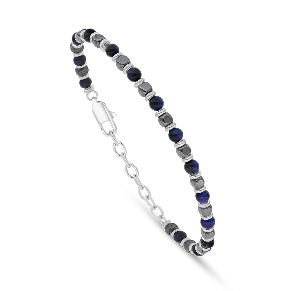 اسورة رجالي ستانلس ستيل لون فضي و احجار عين النمر ازرق و اويماتيت عيار 316L