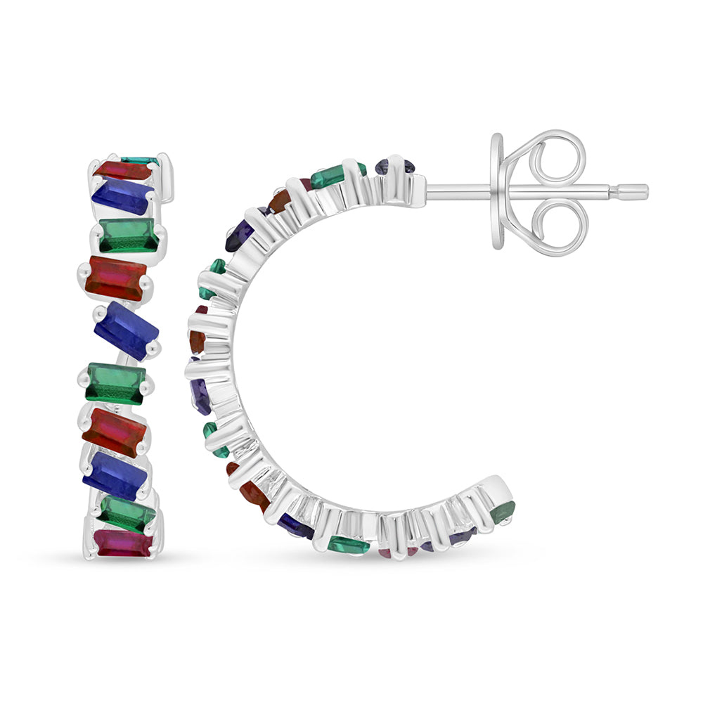 Sterling Silver 925 Earring Rhodium Plated Embedded With Emerald Zircon And Sapphire And Ruby Corundum