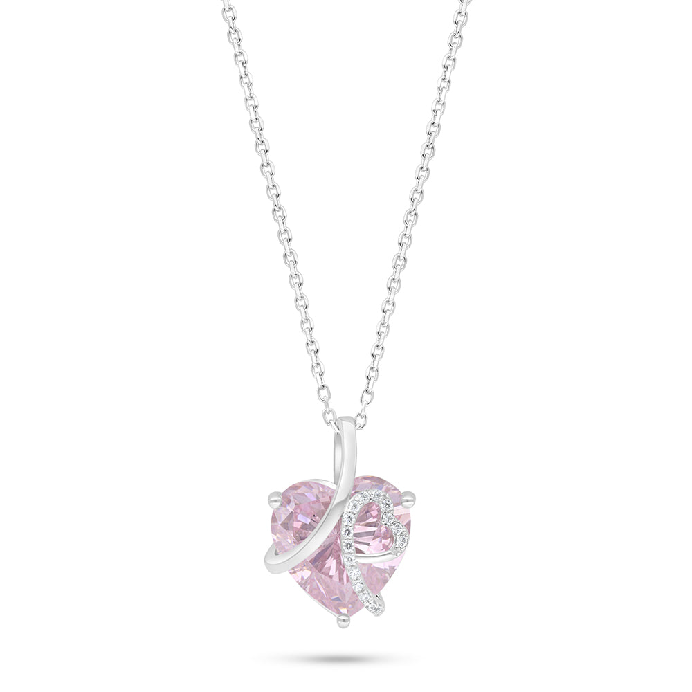 Sterling Silver 925 Necklace Rhodium Plated Embedded With Pink Zircon And White Zircon