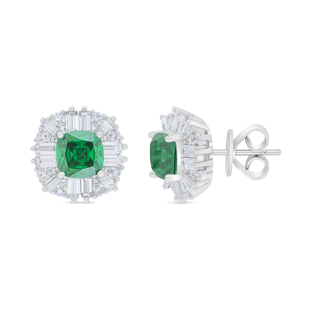 Sterling Silver 925 Earring Rhodium Plated Embedded With Emerald Zircon And White Zircon