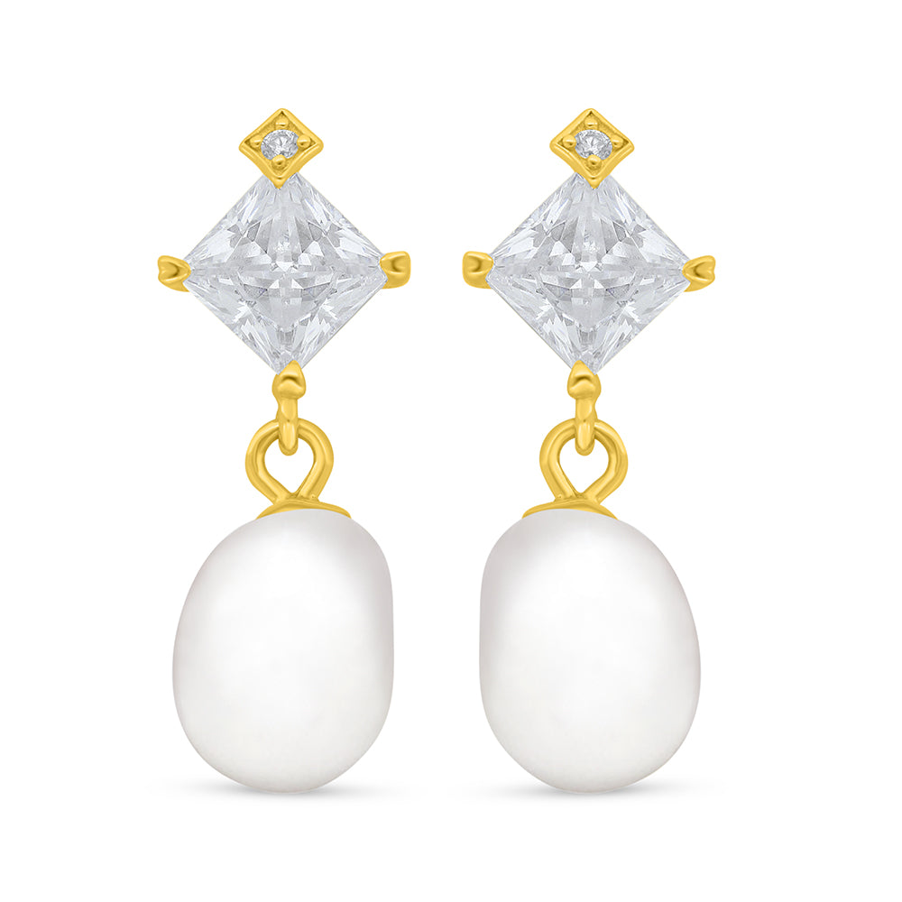 اقراط من الفضة الخالصة عيار 925 مطلي ذهبي مرصع لولو ابيض طبيعي و فص ابيض