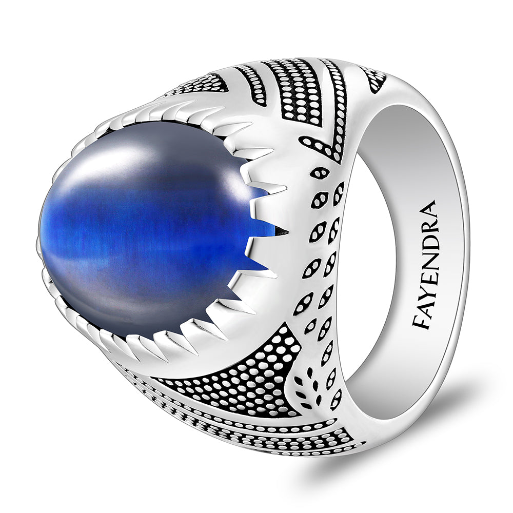 Sterling Silver 925 Ring Rhodium And Black Plated Embedded With Blue Tiger Eye Cabochon For Men