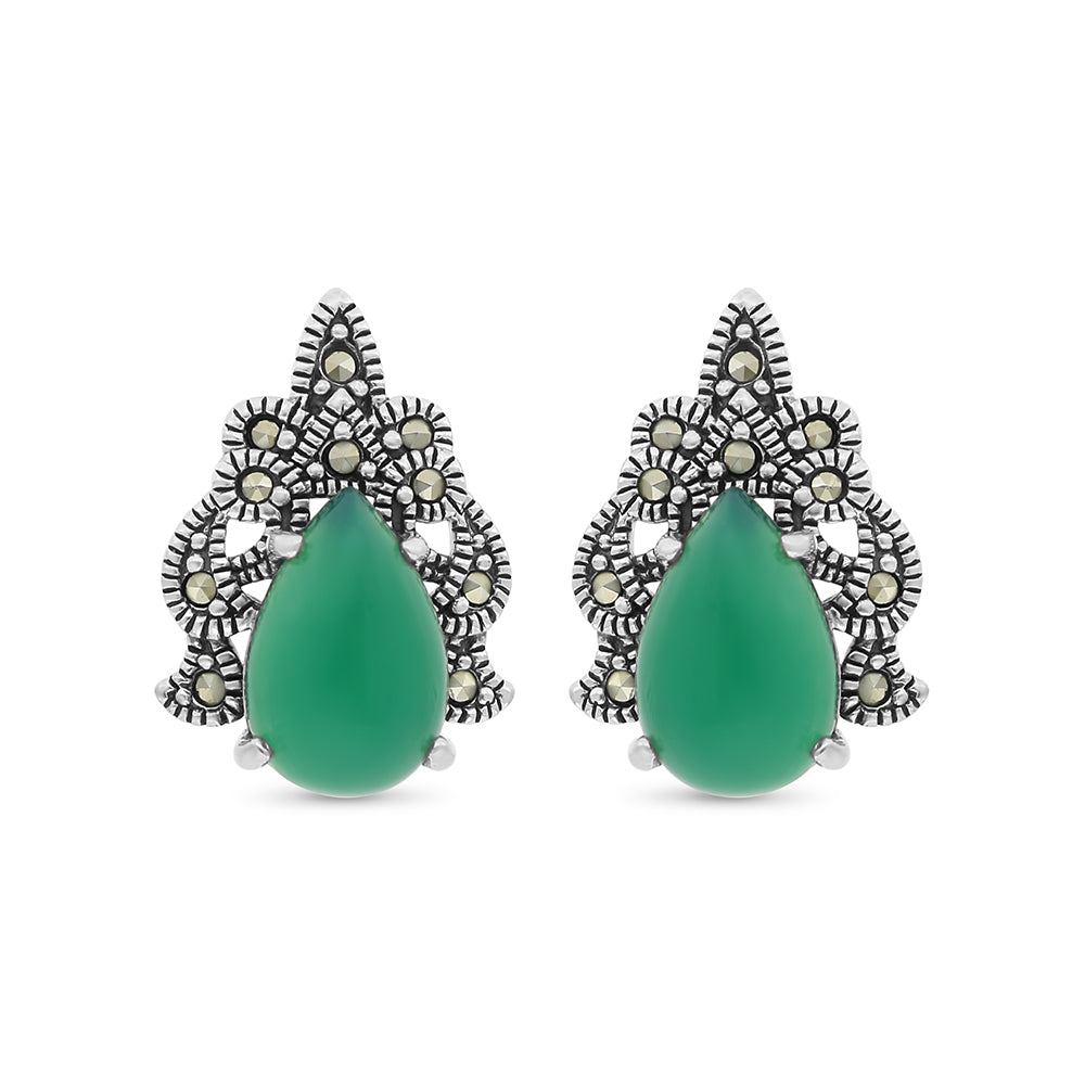 Sterling Silver 925 Earring Embedded With Natural Green Agate And Marcasite Stones