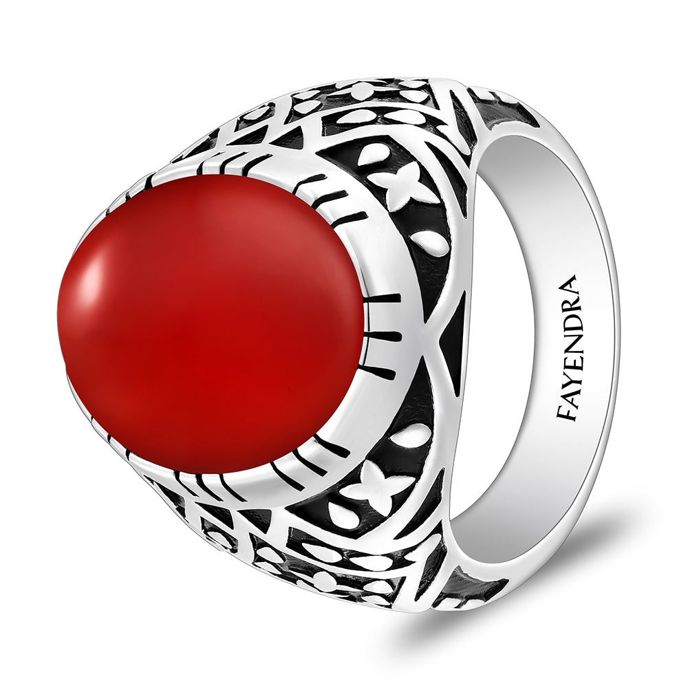 خاتم رجالي من الفضة الخالصة عيار 925 مطلي روديوم و اسود مرصع احجار عقيق احمر كابشون