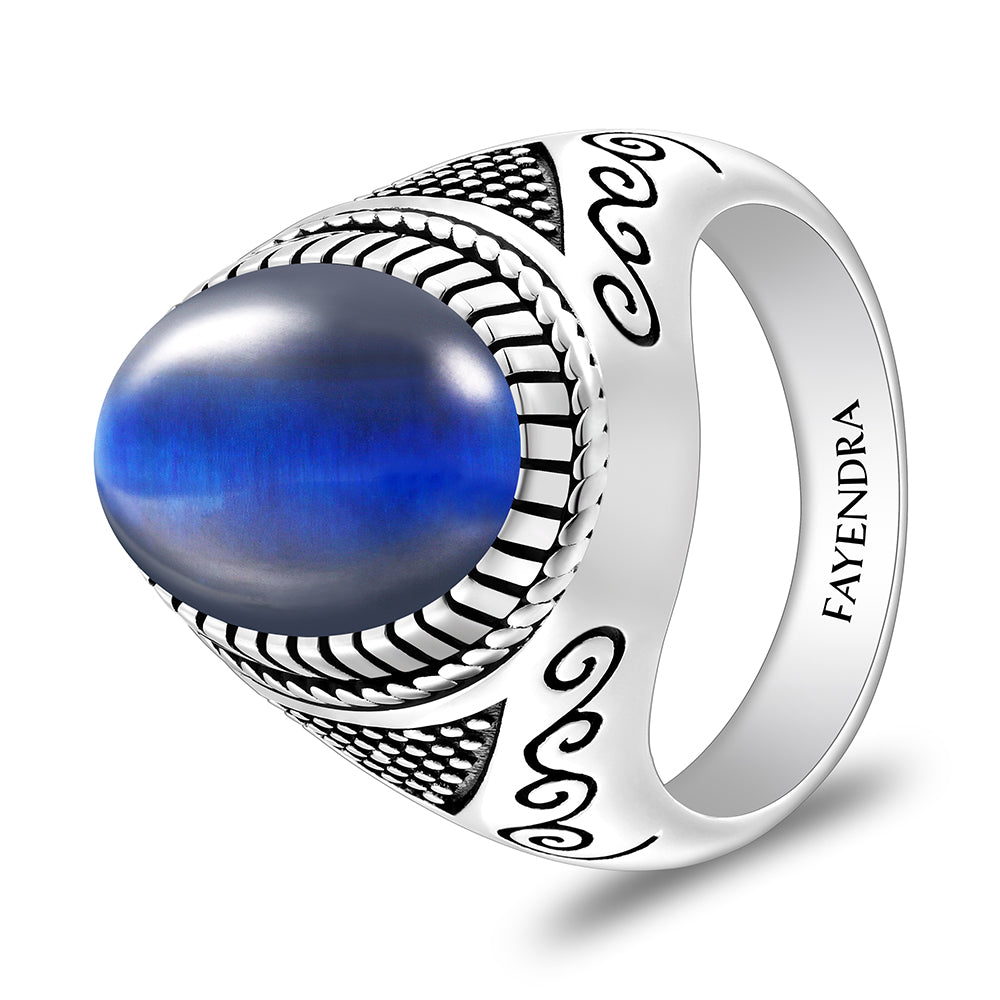 خاتم رجالي من الفضة الخالصة عيار 925 مطلي روديوم و اسود مرصع عين النمر ازرق كابشون