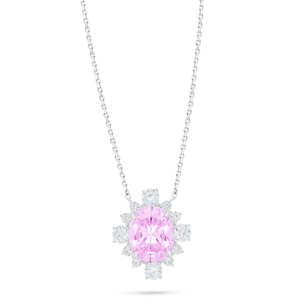 Sterling Silver 925 Necklace Rhodium Plated Embedded With Pink Zircon And White Zircon