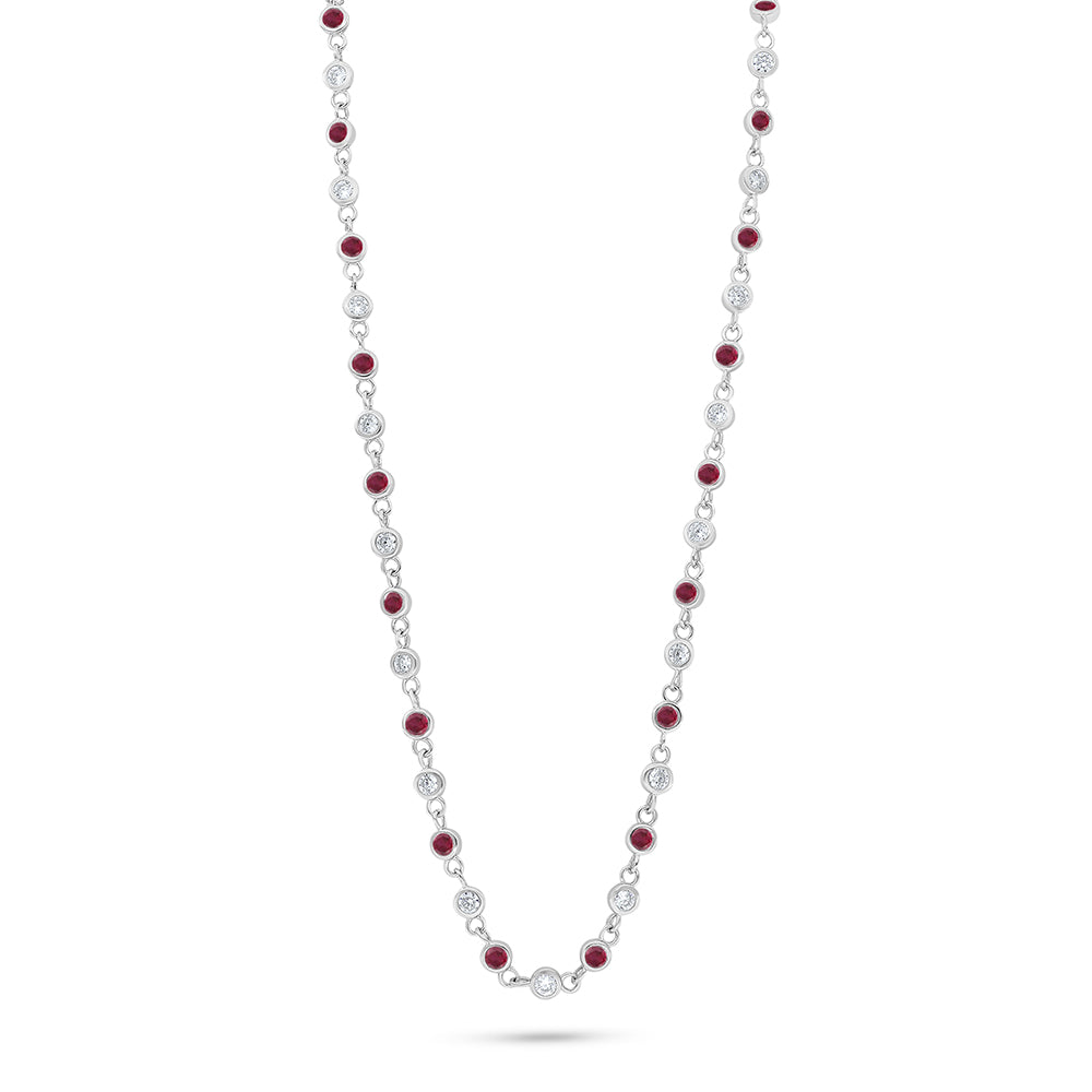 Sterling Silver 925 Necklace Rhodium Plated Embedded With Ruby Corundum And White Zircon
