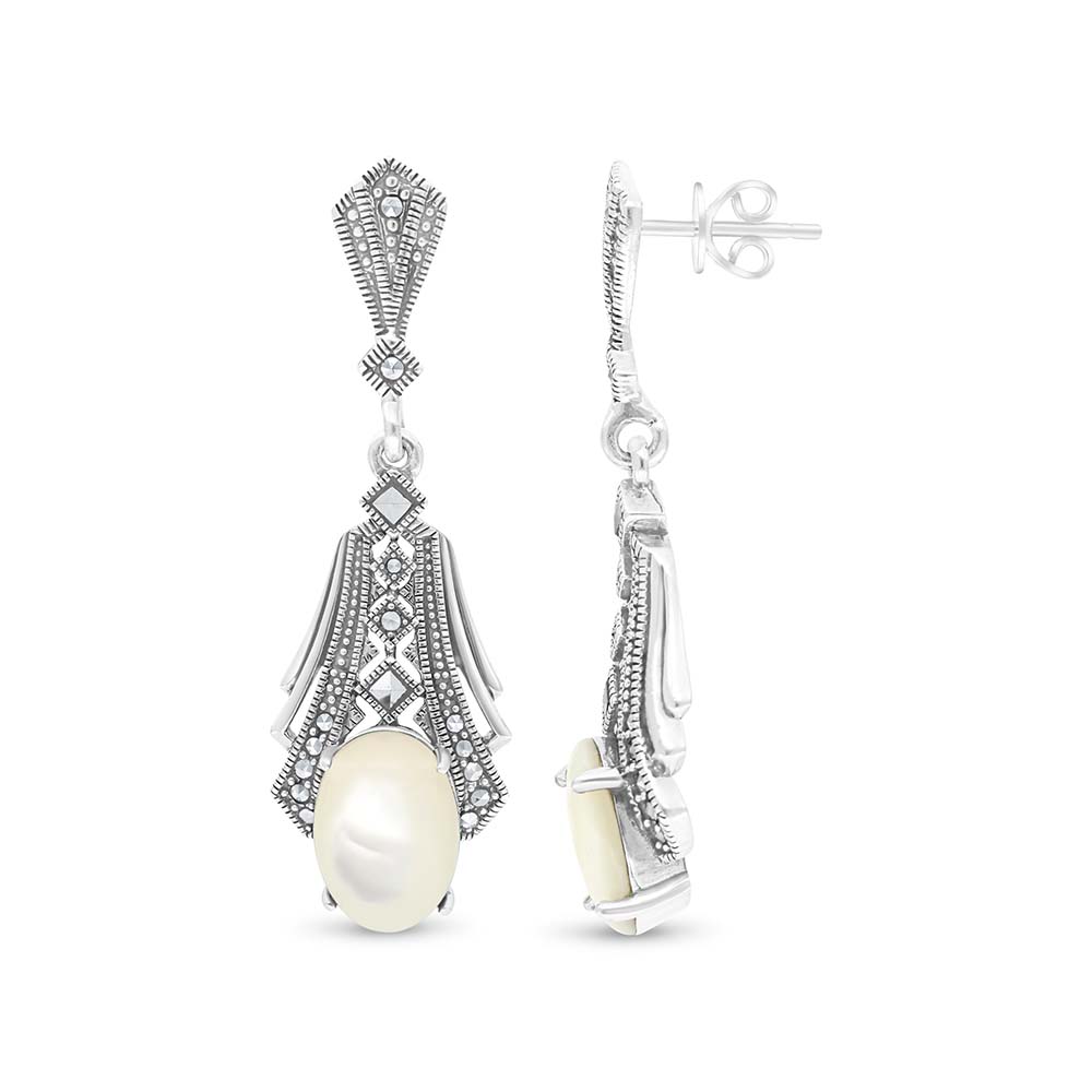 Sterling Silver 925 Earring Embedded With Natural White Shell And Marcasite Stones