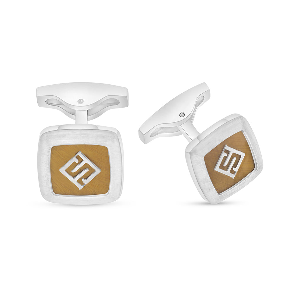 Stainless Steel Cufflink 316L Embedded With Yellow Tiger Eye Shiny Steel
