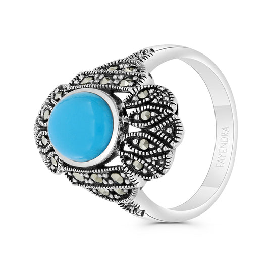 خاتم من الفضة الخالصة عيار 925 مرصع احجار فيروز معالج و ماركسايت