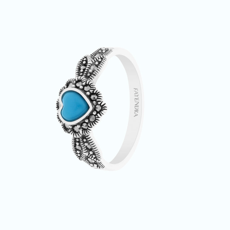 Sterling Silver 925 Ring Embedded With Natural Processed Turquoise And Marcasite Stones