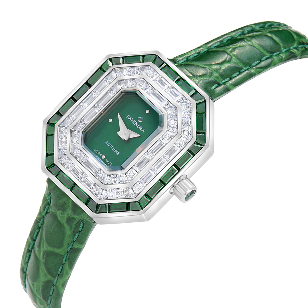 Stainless Steel 316L Watch Silver Color Green Leather Embedded With Emerald Zircon And White Zircon - GREEN MOP DIAL
