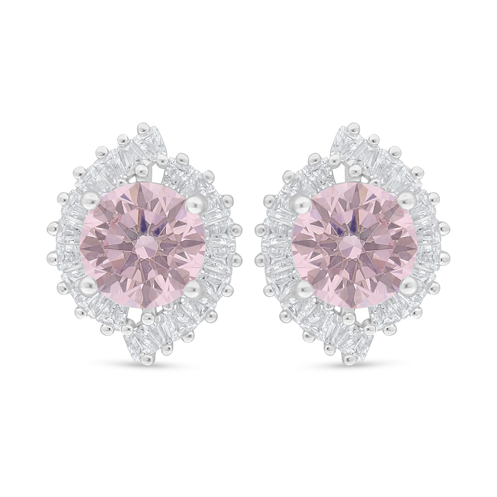 Sterling Silver 925 Earring Rhodium Plated Embedded With Pink Zircon And White Zircon