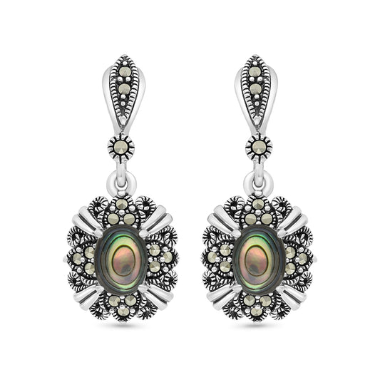 Sterling Silver 925 Earring Embedded With Natural Blue Shell And Marcasite Stones