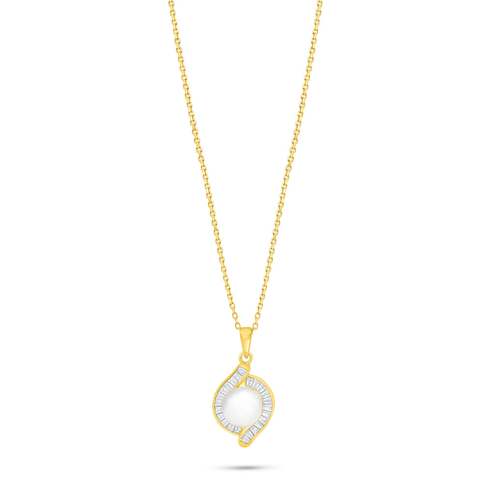 Sterling Silver 925 Necklace Golden Plated Embedded With Natural White Pearl And White Zircon