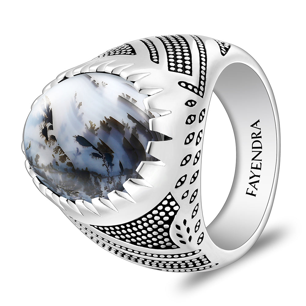 خاتم رجالي من الفضة الخالصة عيار 925 مطلي روديوم و اسود مرصع احجار عقيق مشجر طبيعي كابشون