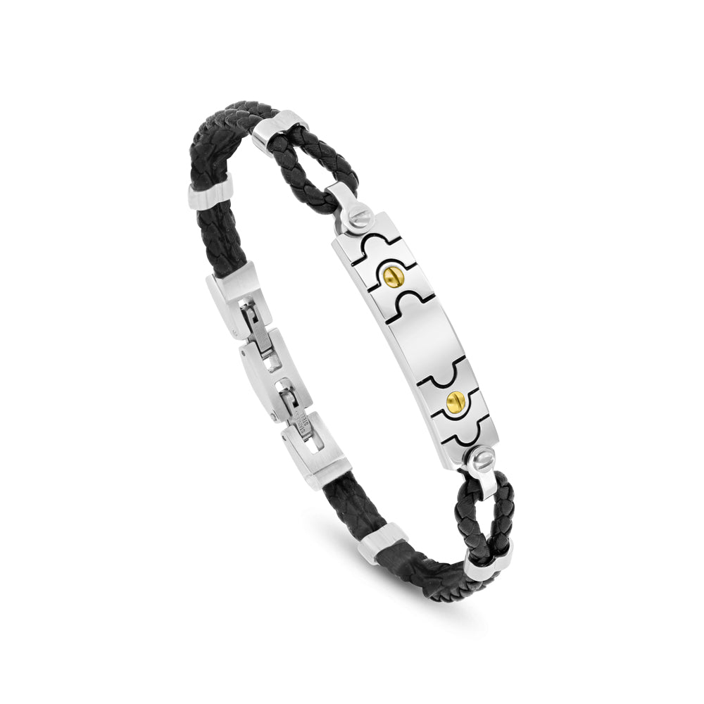 اسورة رجالي ستانلس ستيل لون فضي و ذهبي روز جلد اسود عيار 316L