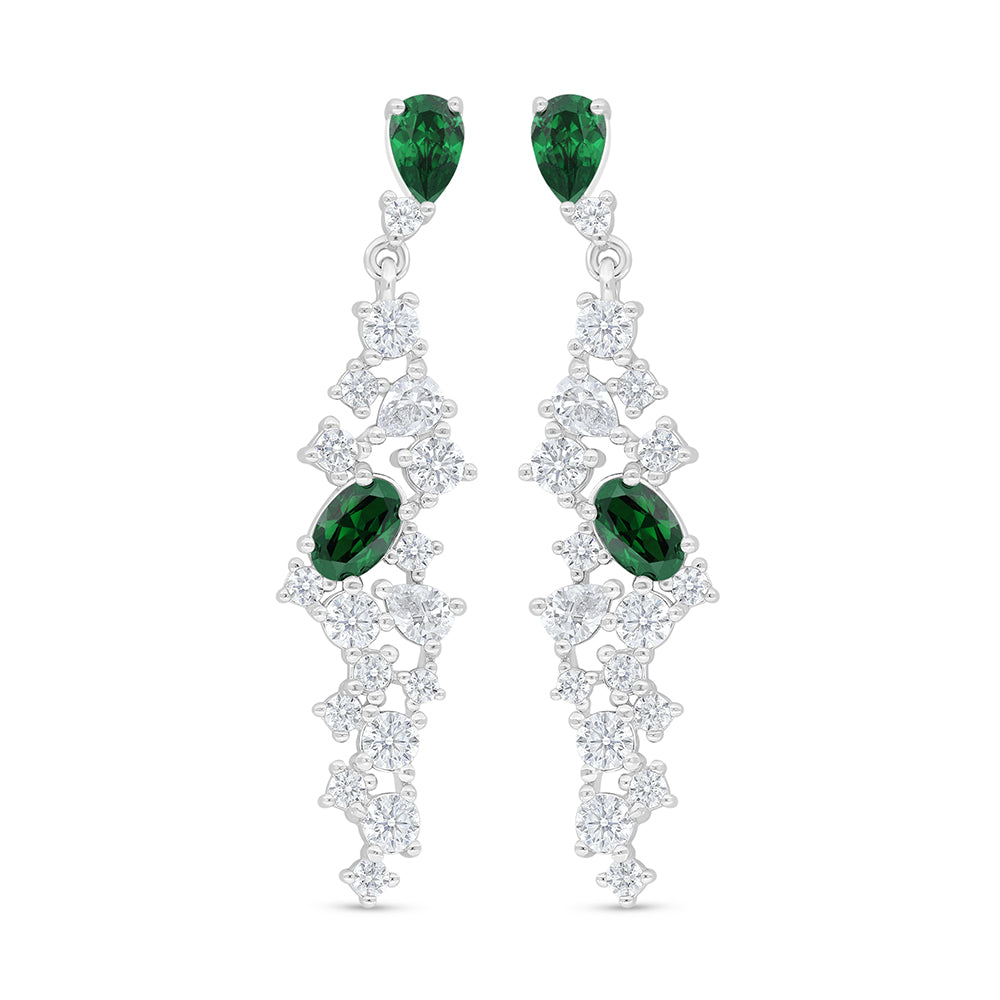 Sterling Silver 925 Earring Rhodium Plated Embedded With Emerald Zircon And White Zircon