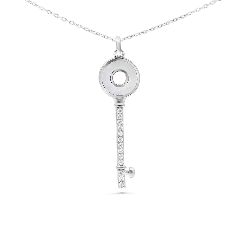 Sterling Silver 925 Necklace Rhodium Plated Embedded With White Shell And White CZ