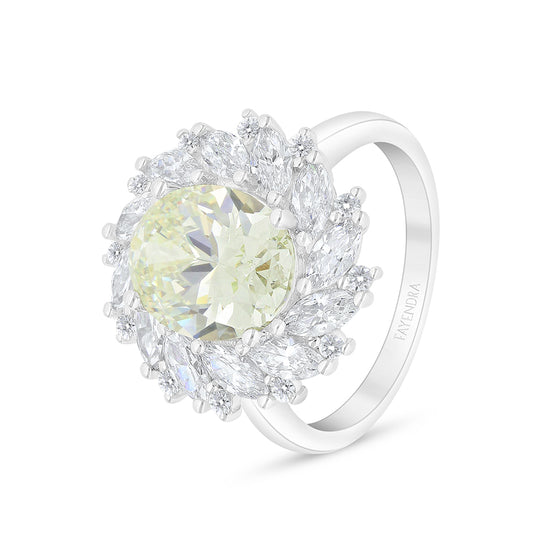 Sterling Silver 925 Ring Rhodium Plated Embedded With Yellow Diamond And White Zircon