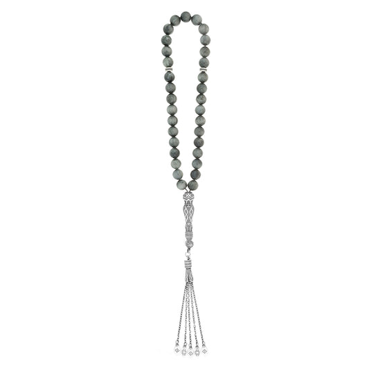 Rosary oxidized silver with 33 natural beads and antique finish, showcasing intricate details and craftsmanship.