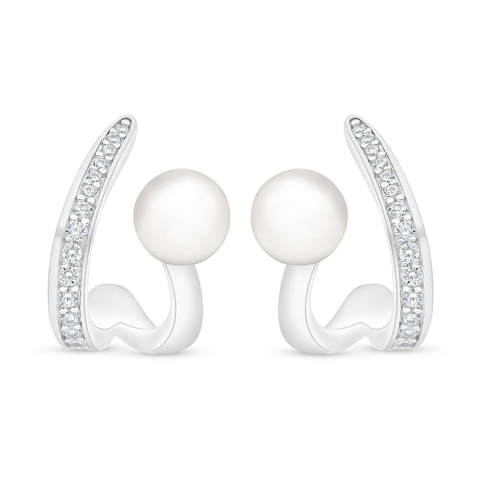 Sterling Silver 925 Earring Rhodium Plated Embedded With Natural White Pearl And White Zircon