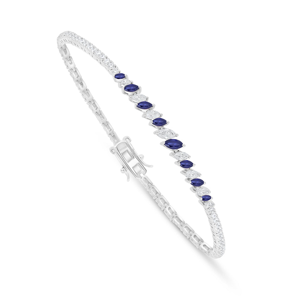 Sterling Silver 925 Bracelet Rhodium Plated Embedded With Sapphire Corundum And White Zircon