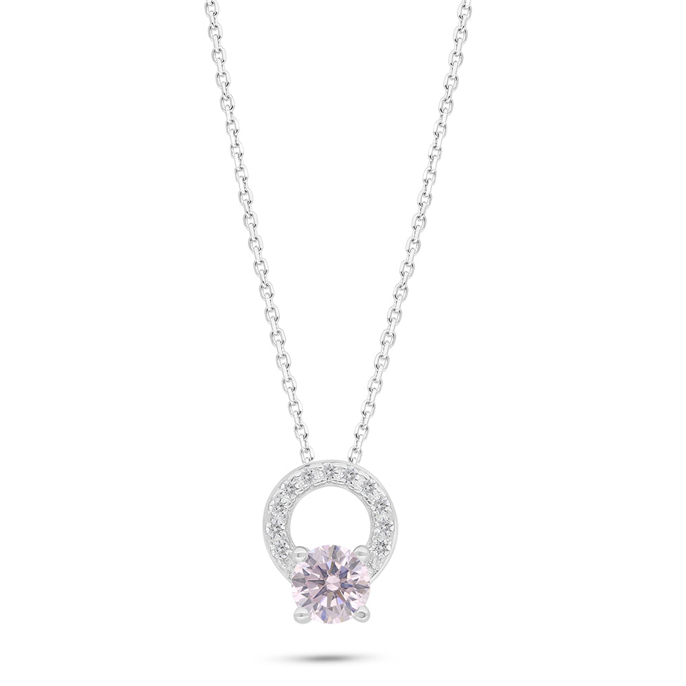 Sterling Silver 925 Necklace Rhodium Plated Embedded With Pink Zircon And White Zircon