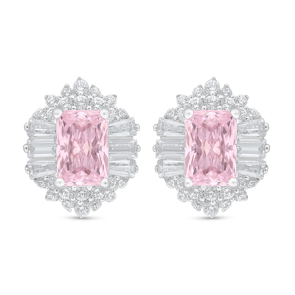 Sterling Silver 925 Earring Rhodium Plated Embedded With Pink Zircon And White Zircon