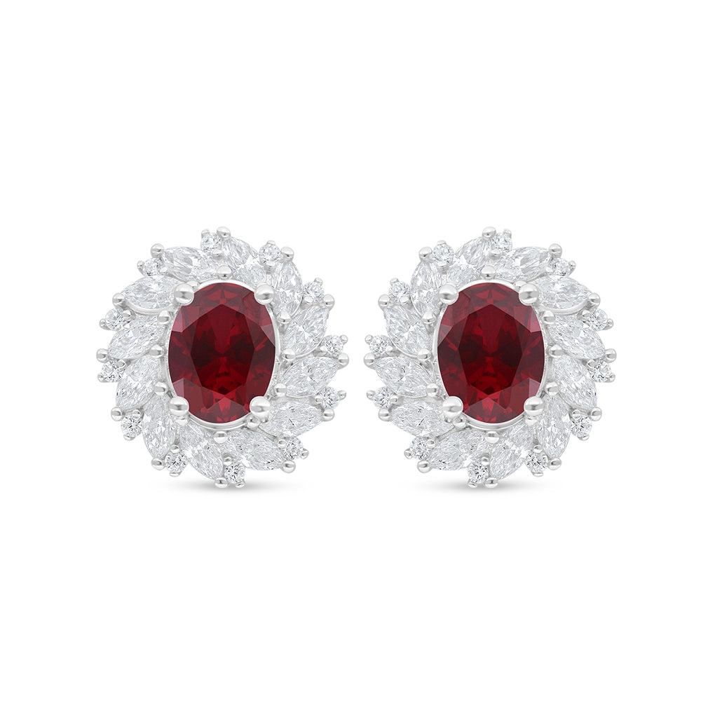 Sterling Silver 925 Earring Rhodium Plated Embedded With Ruby Corundum And White Zircon