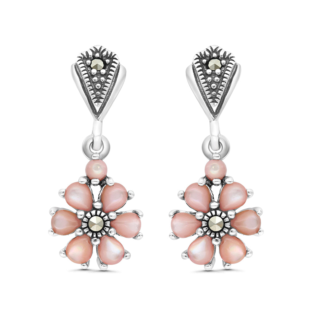 اقراط من الفضة الخالصة عيار 925 مرصعه احجار صدف وردي طبيعي و ماركسايت