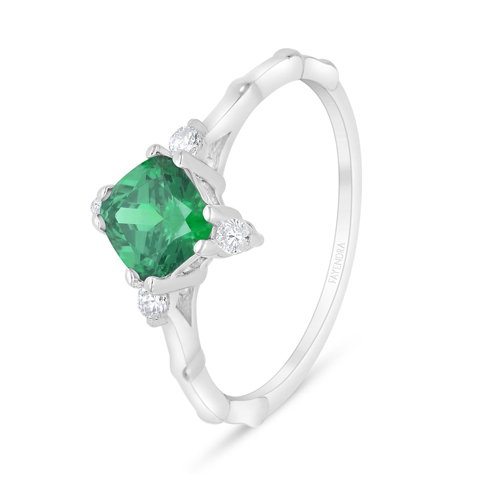 Sterling Silver 925 Ring Rhodium Plated Embedded With Emerald Zircon And White Zircon
