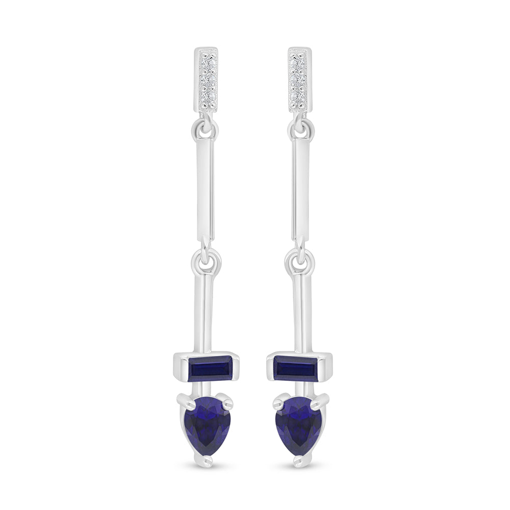 Sterling Silver 925 Earring Rhodium Plated Embedded With Sapphire Corundum And White Zircon