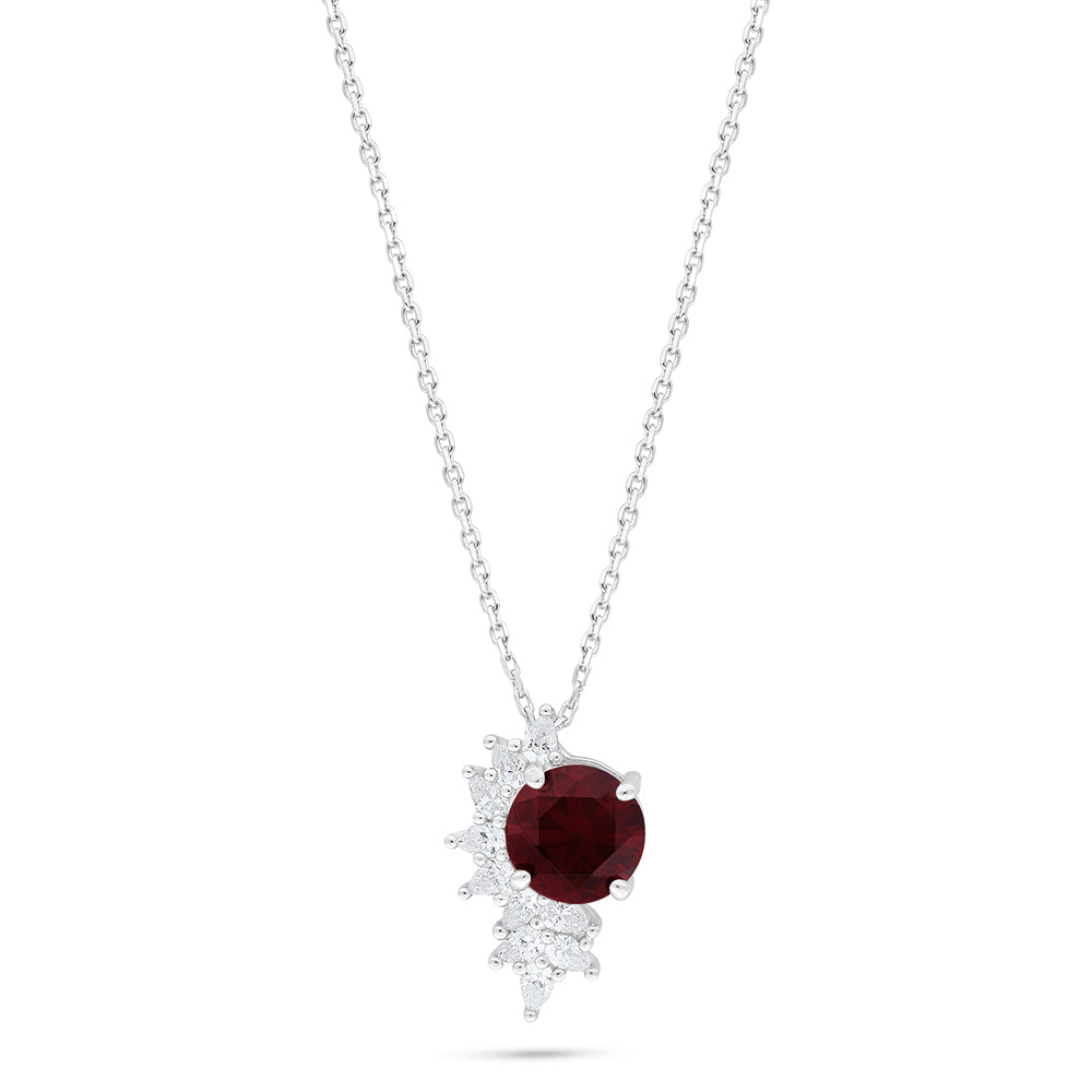 Sterling Silver 925 Necklace Rhodium Plated Embedded With Ruby Corundum And White Zircon