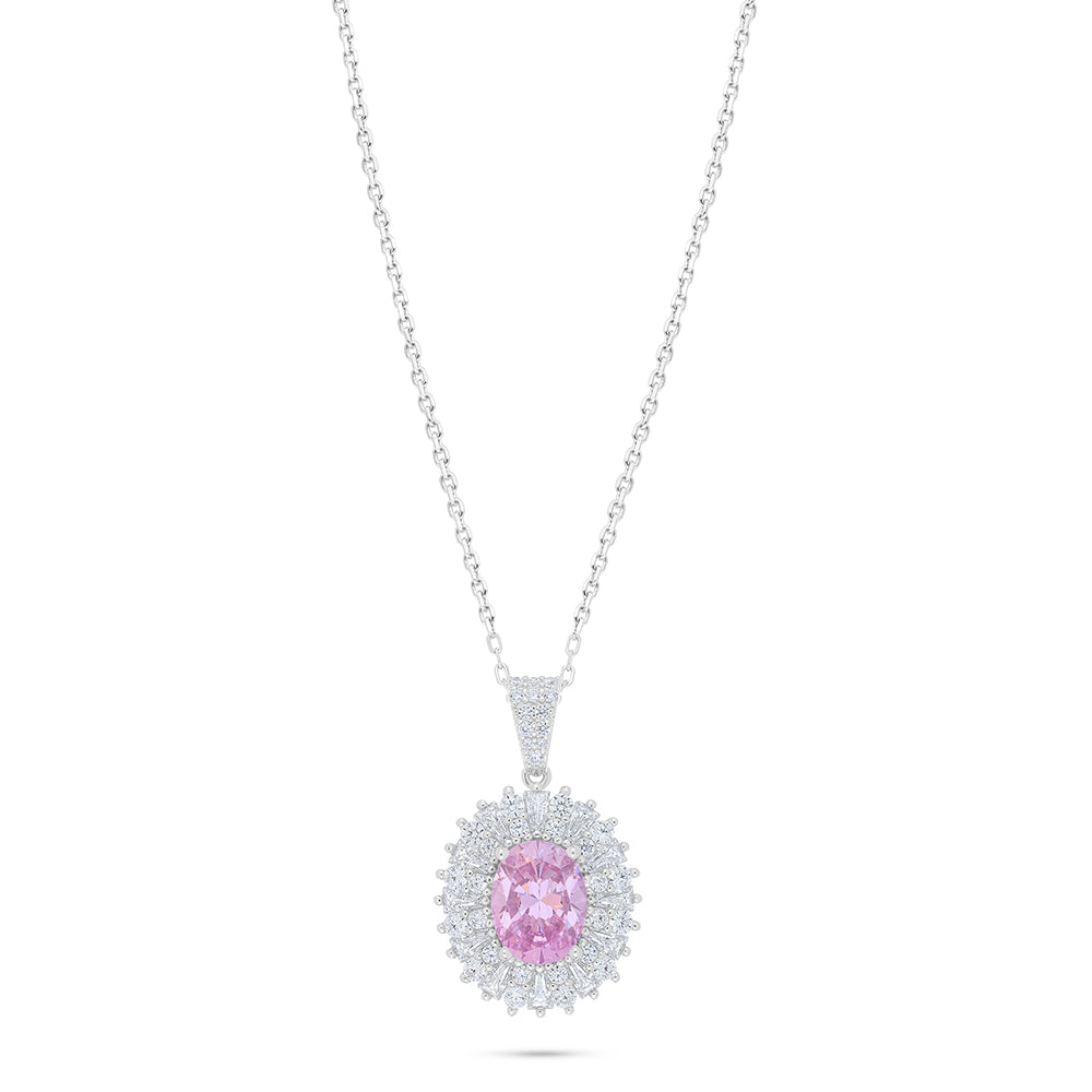 Sterling Silver 925 Necklace Rhodium Plated Embedded With Pink Zircon And White Zircon