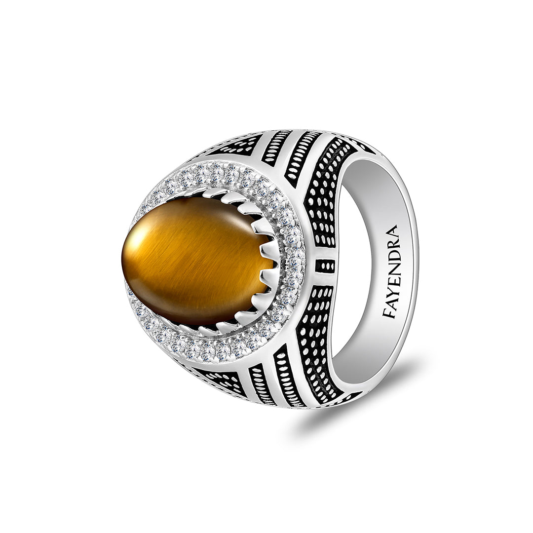 Sterling Silver 925 Ring Rhodium And Black Plated Embedded With Cabochon Yellow Tiger Eye And White Zircon For Men