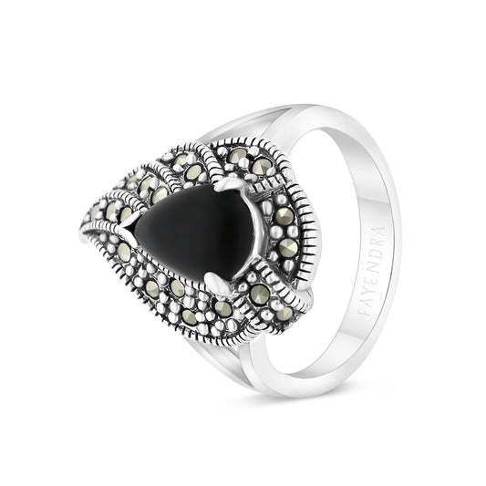 Sterling Silver 925 Ring Embedded With Natural Black Agate And Marcasite Stones