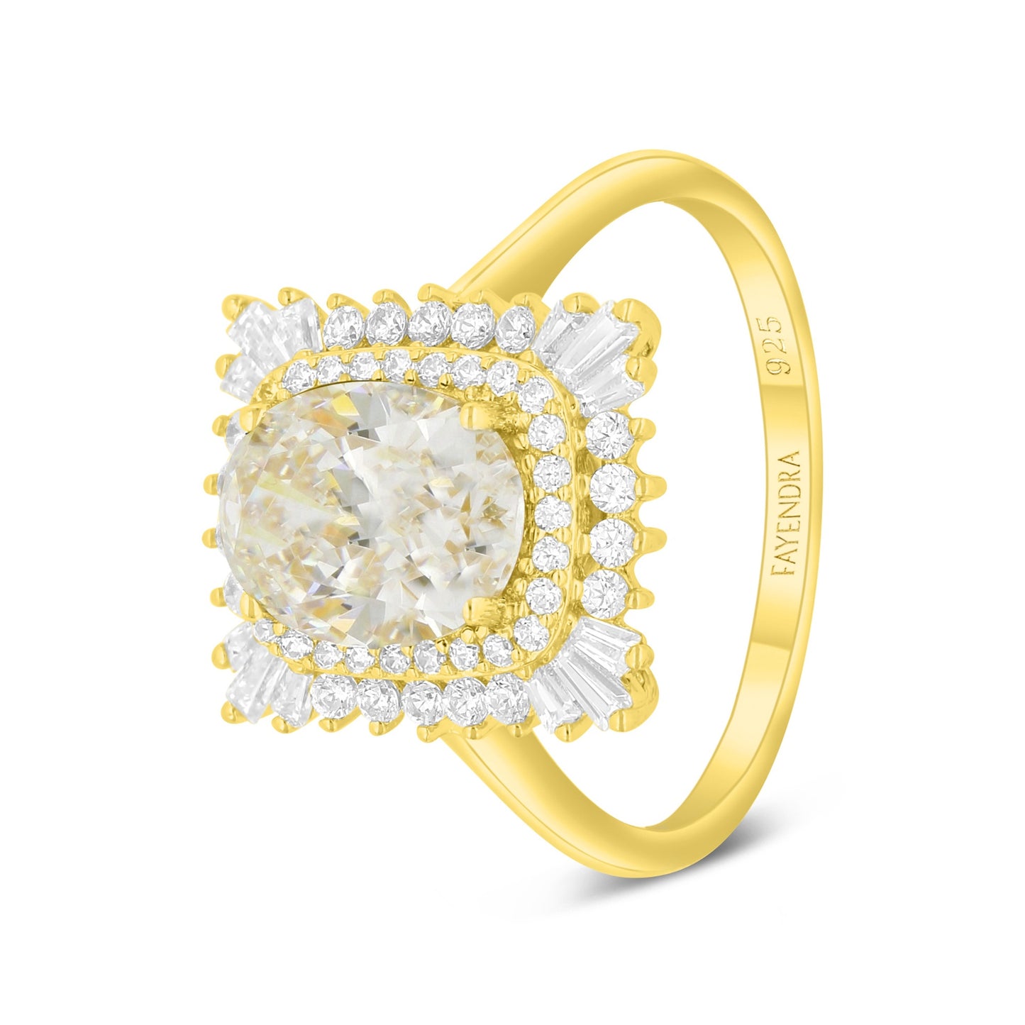 Sterling Silver 925 Ring Golden Plated Embedded With Yellow Diamond And White Zircon