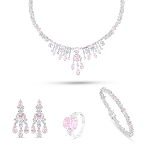 Sterling Silver 925 SET Rhodium Plated Embedded With Pink Zircon And White Zircon