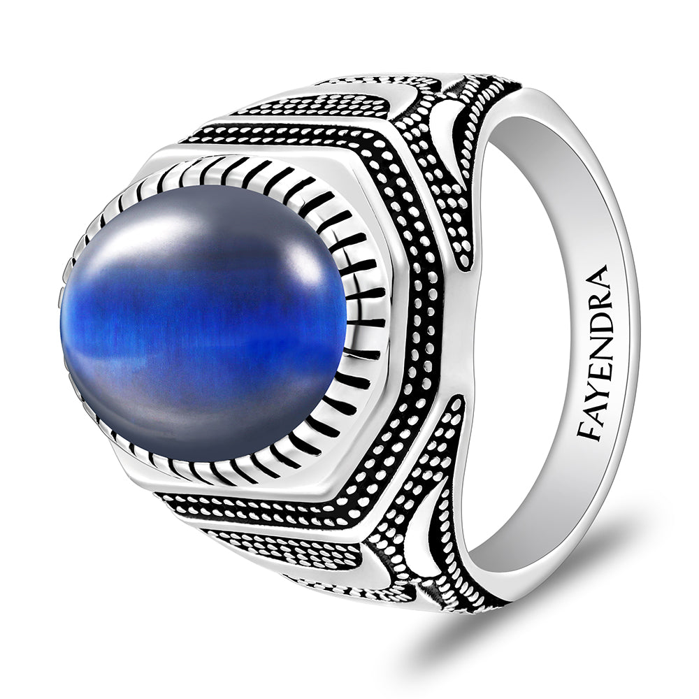 Sterling Silver 925 Ring Rhodium And Black Plated Embedded With Blue Tiger Eye Cabochon For Men