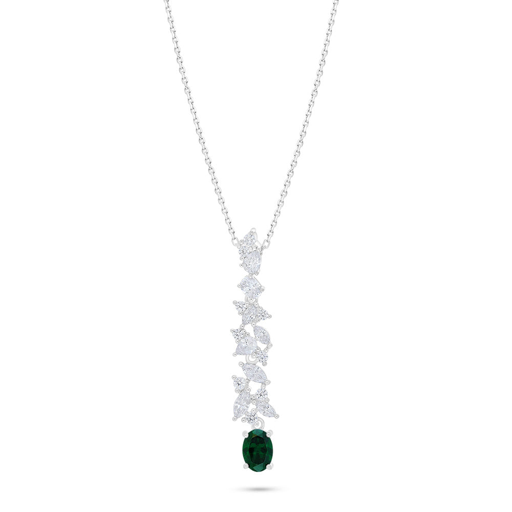 Sterling Silver 925 Necklace Rhodium Plated Embedded With Emerald Zircon And White Zircon