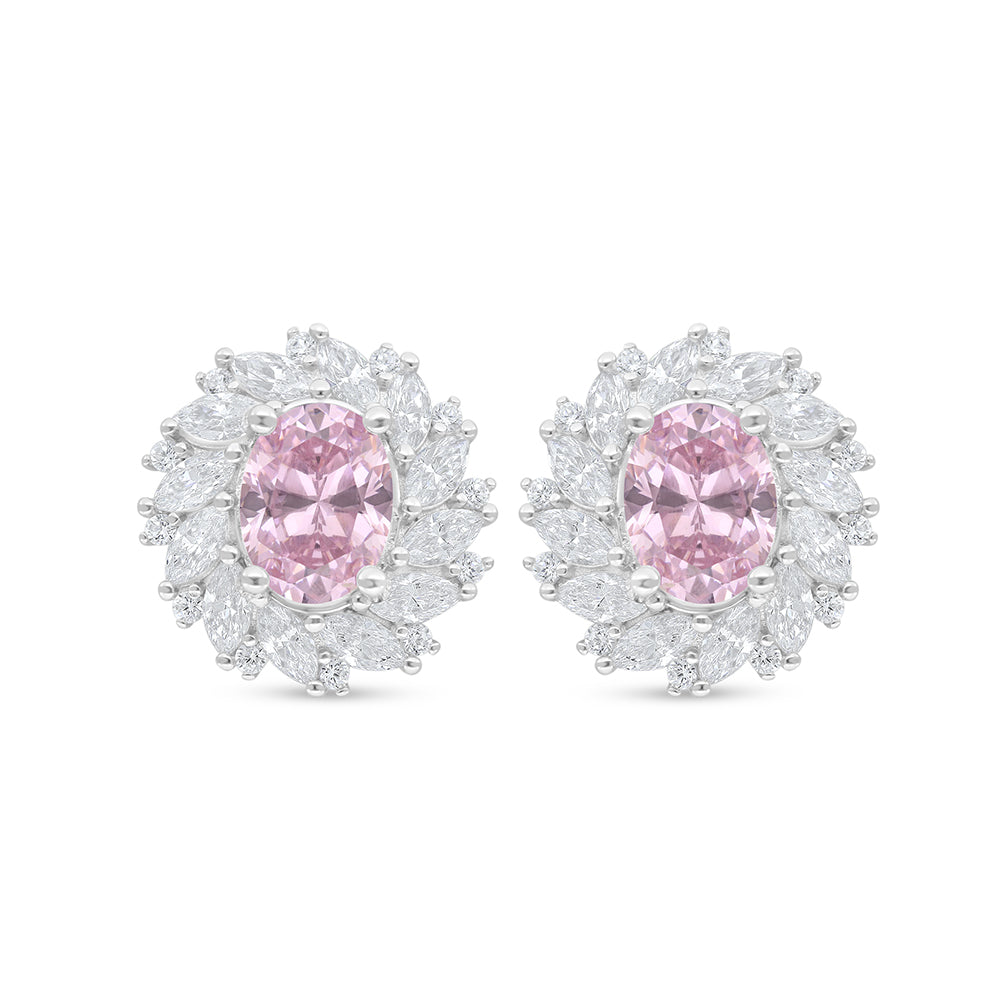 Sterling Silver 925 Earring Rhodium Plated Embedded With Pink Zircon And White Zircon