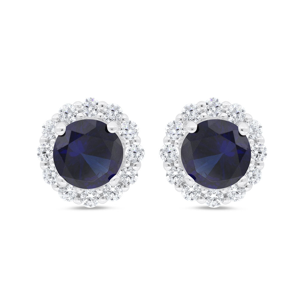 Sterling Silver 925 Earring Rhodium Plated Embedded With Sapphire Corundum And White Zircon