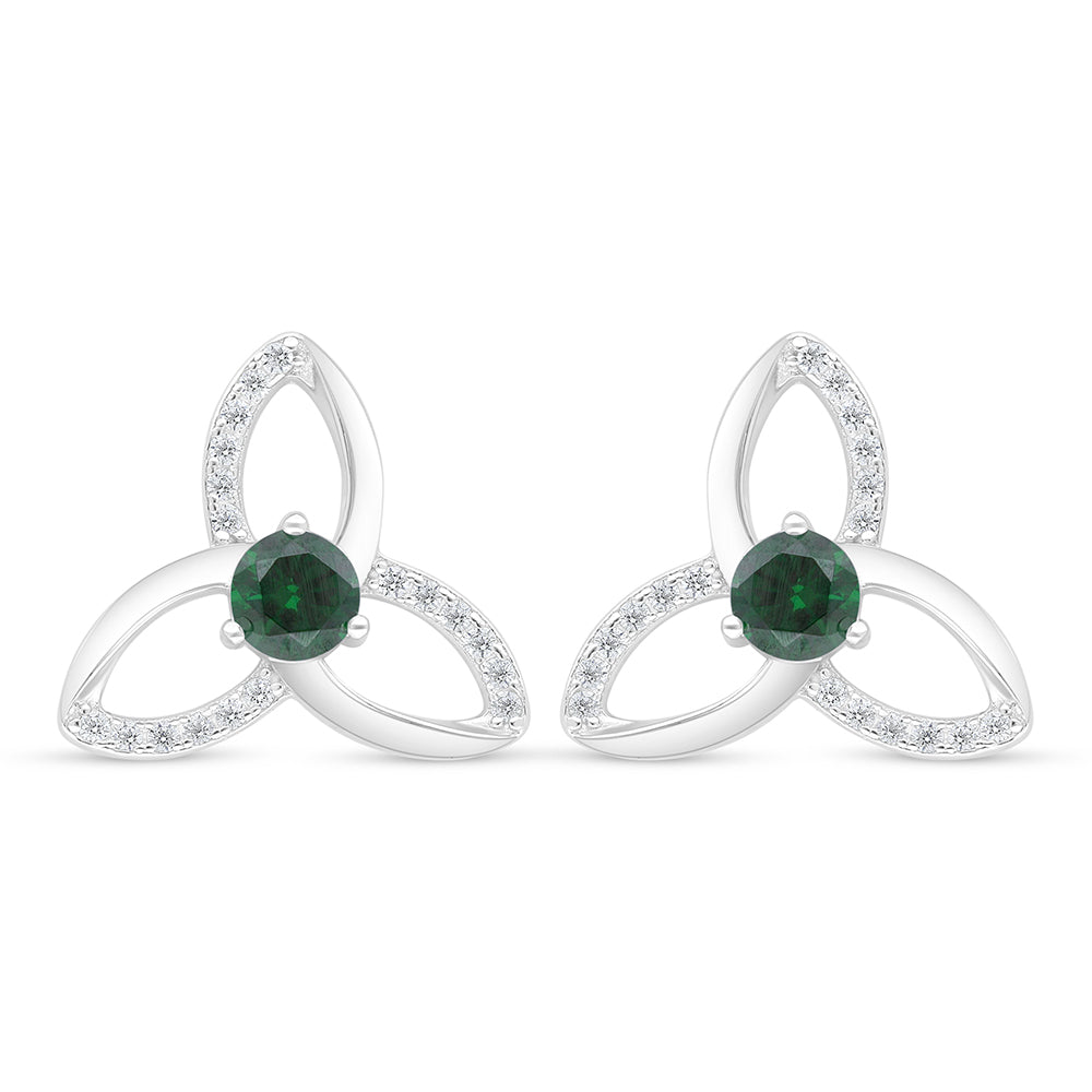 Sterling Silver 925 Earring Rhodium Plated Embedded With Emerald Zircon And White Zircon