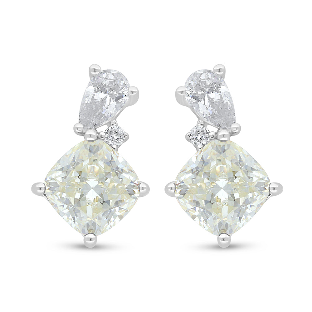 Sterling Silver 925 Earring Rhodium Plated Embedded With Yellow Diamond And White Zircon
