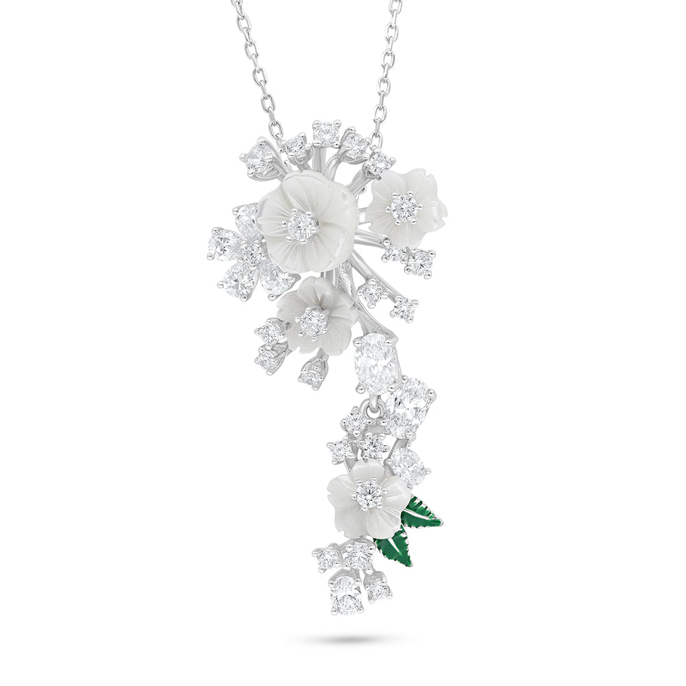 عقد من الفضة الخالصة عيار 925 مطلي روديوم مرصع صدف ابيض و فص ابيض