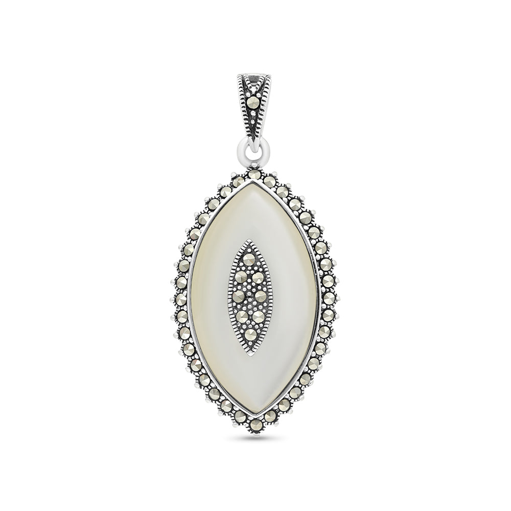 Sterling Silver 925 Pendant Embedded With Natural White Shell And Marcasite Stones
